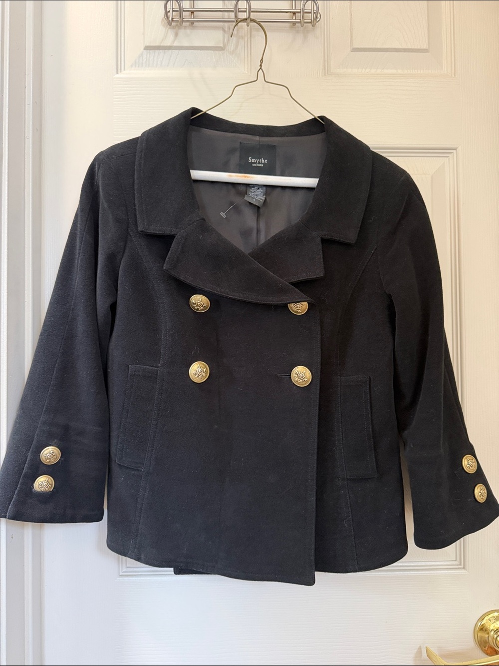 Smythe Black Double-Breasted Pea Coat with Gold Tone Buttons size 6